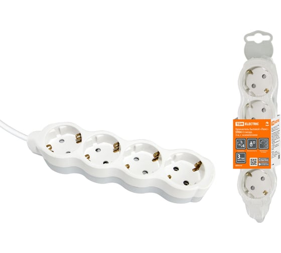 Изображение товара Удлинитель сетевой TDM ELECTRIC 4 розетки, 3 метра, с заземлением, с защитной шторкой, ПВС 3х1мм2 16А 250В бело-серый SQ1303-0236