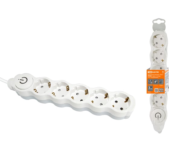 Изображение товара Удлинитель сетевой TDM ELECTRIC с выключателем, 5 розеток, 3 метра, с заземлением, с защитной шторкой, ПВС 3х1мм2 16А 250В бело-серый SQ1303-0137