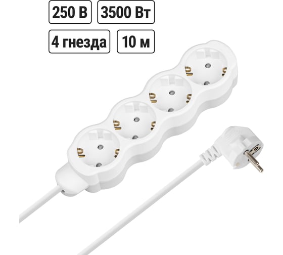 Изображение товара Удлинитель сетевой TDM ELECTRIC 4 розетки, 10 метров, с заземлением, с защитной шторкой, ПВС 3х1мм2 16А 250В бело-серый SQ1303-0284