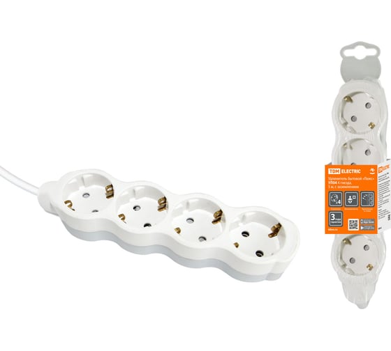 Изображение товара Удлинитель сетевой TDM ELECTRIC 4 розетки, 5 метров, с заземлением, с защитной шторкой, ПВС 3х1мм2 16А 250В бело-серый SQ1303-0237