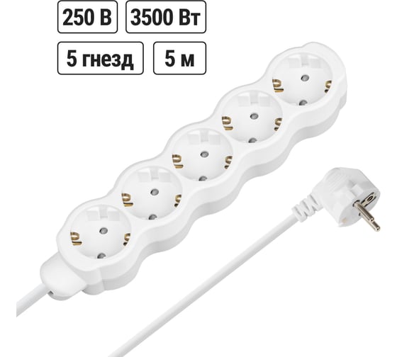 Изображение товара Удлинитель сетевой TDM ELECTRIC 5 розеток, 5 метров, с заземлением, с защитной шторкой, ПВС 3х1мм2 16А 250В бело-серый SQ1303-0240