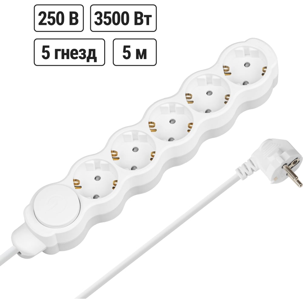 Изображение товара Удлинитель сетевой TDM ELECTRIC 5 розеток 5м с заземлением и выключателем