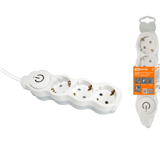 Изображение товара Удлинитель сетевой TDM ELECTRIC с выключателем, 3 розетки, 10 метров, с заземлением, с защитной шторкой, ПВС 3х1мм2 16А 250В бело-серый SQ1303-0181