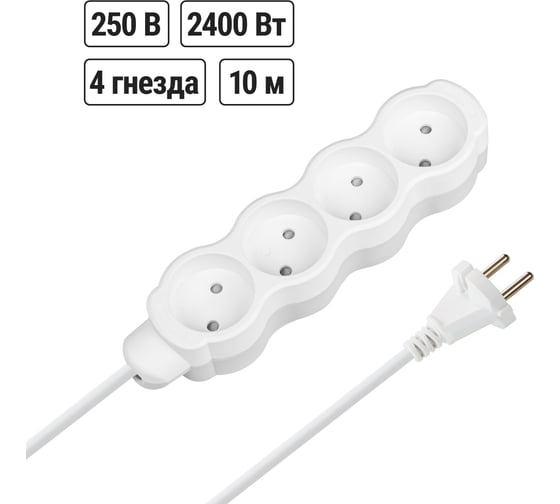 Изображение товара Удлинитель сетевой TDM ELECTRIC 4 розетки, 10 метров, с защитной шторкой, ПВС 2х0,75 мм2 10А 250В бело-серый SQ1303-0189