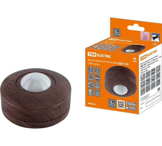 Изображение товара Датчик движения TDM ELECTRIC ДДП-03В "ЭКО" 1200Вт, 10-900с, 6м , 3+Лк, 120 сбоку+360 сверху градусов, IP33, венге SQ0324-0044