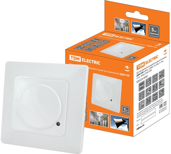 Изображение товара Датчик движения TDM ELECTRIC ДДМ-05В 5,8ГГц, 1200Вт, 10-720с, 5-15м, 3+лк, 180 градусов, IP20 SQ0324-0030