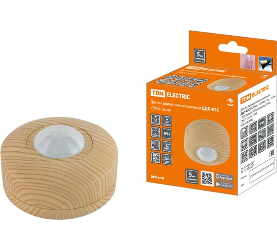 Изображение товара Датчик движения TDM ELECTRIC ДДП-03С "ЭКО" 1200Вт, 10-900с, 6м, 3+Лк, 120 сбоку+360 сверху градусов, IP33, сосна SQ0324-0043
