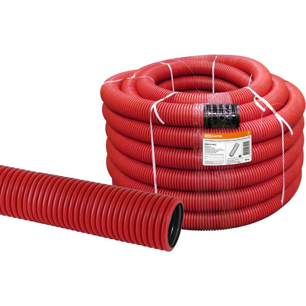 Изображение товара Гофра для кабеля TDM ELECTRIC двустенная 75мм с зондом 50м красная