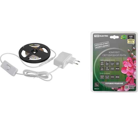 Изображение товара Комплект светодиодной ленты TDM ELECTRIC SMD2835-60 LED/м-12 В-4,8 Вт/м-IP20-3000 К 3 м, 18 Вт SQ0331-0221