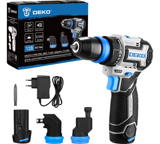 Изображение товара Аккумуляторная дрель-шуруповерт DEKO DKCD12 PRO ONE в кейсе, с 3 насадками, 12В, 2x3.0Ач 085-1320