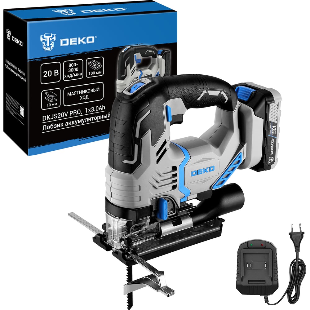 Лобзик аккумуляторныйDEKODKJS20V PRO, 1x3.0Аhиспользуется для распиливания дерева, металла, пластика, резины при отделочных или ремонтных работах. Технические характеристики: Напряжение20 В Емкость аккумулятора: 3000 мАч Число оборотов: 800-3000 об/мин Ход пилки: 25,4 мм Макс. глубина реза дерева: 100 мм Макс. глубина реза металла: 6 мм Инструмент совместим с аккумуляторами: - DEKO UNV - Makita 18В Li-Ion тип BL-1830, BL-1840, BL-1850, BL-1860 - С аккумуляторами от бесщеточного инструмента DEKO, произведённым не ранее 2024 года  