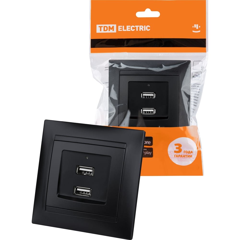 Изображение товара Розетка TDM ELECTRIC 2USB порт 2,1А 5В графит Лама