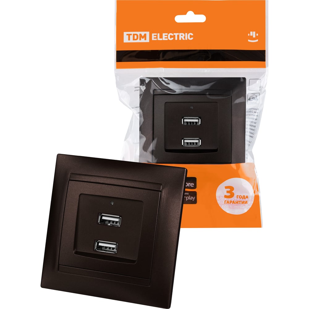 Изображение товара Розетка USB TDM ELECTRIC с 2 портами 2,1А 5В шоколад Лама SQ1815-0541