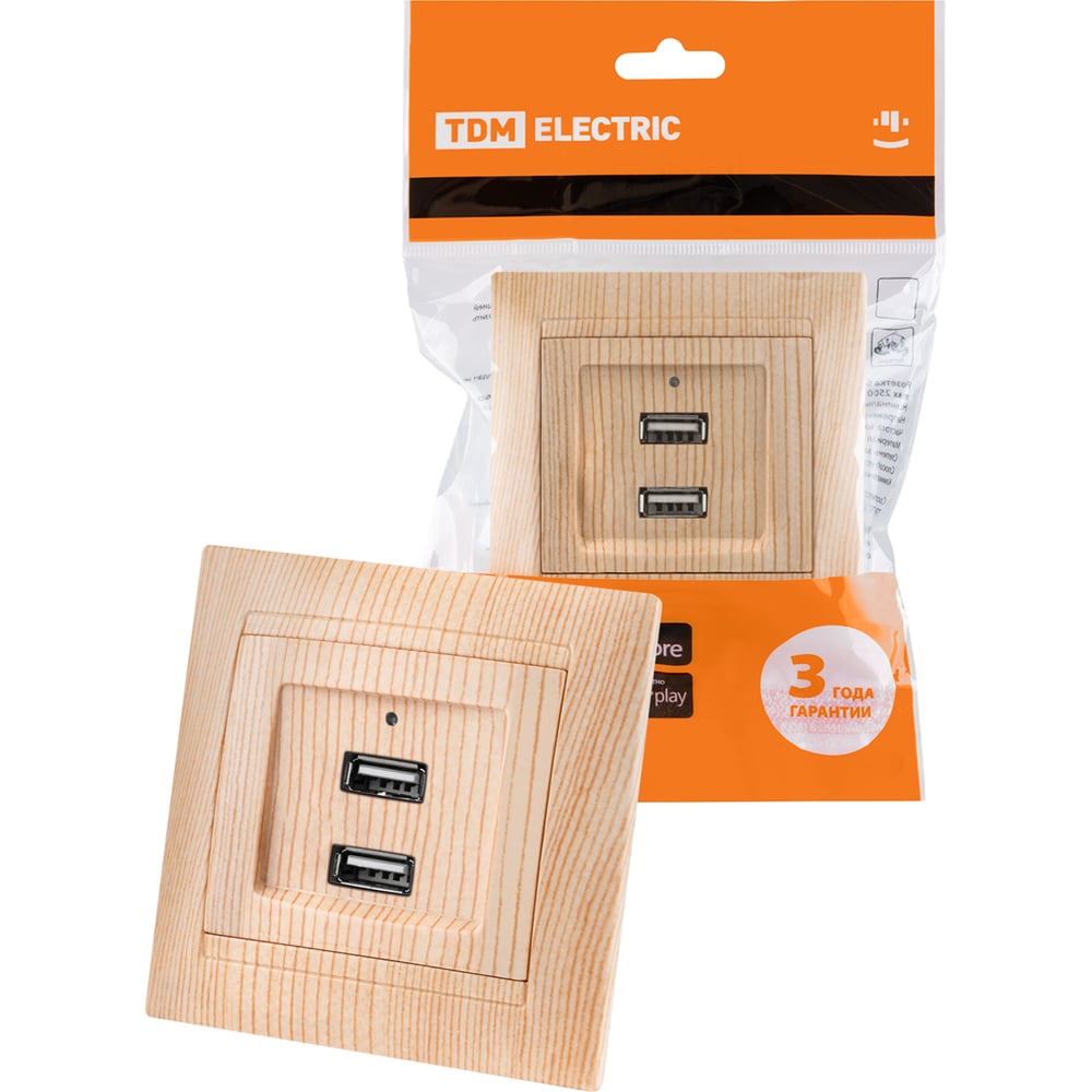 Изображение товара Розетка TDM ELECTRIC 2USB порт 2,1А 5В сосна Лама SQ1815-0341