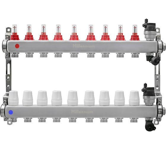 Изображение товара Коллекторная группа 1" из нержавеющей стали для тёплого пола с расходомером на 9 выходов без кранов Millennium KGBT1109