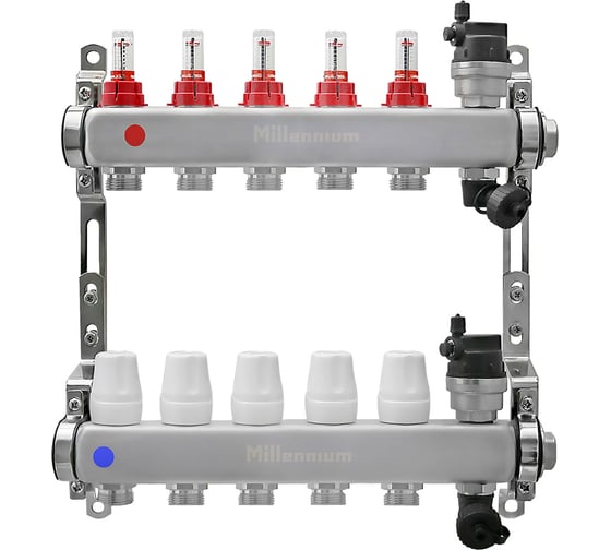 Изображение товара Коллекторная группа 1" из нержавеющей стали для тёплого пола с расходомером на 5 выходов без кранов Millennium KGBT1105