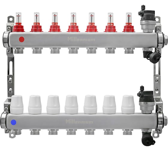 Изображение товара Коллекторная группа Millennium 1" для теплого пола из нержавеющей стали с расходомером на 7 выходов без кранов KGBT1107