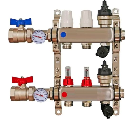 Изображение товара Коллекторная группа Millennium 1" для теплого пола 2-х контурная с кранами и расходомерами | Нержавеющая сталь KGKR1002