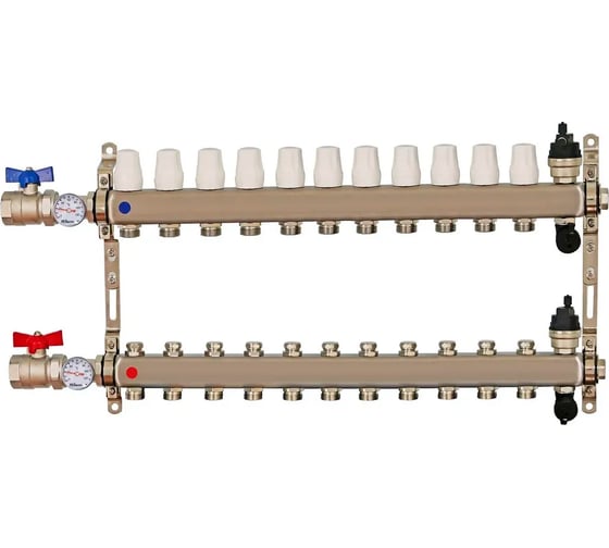 Изображение товара Коллекторная группа Millennium 1" для отопления 11-ти контурная с кранами | Нержавеющая сталь KGKT1111
