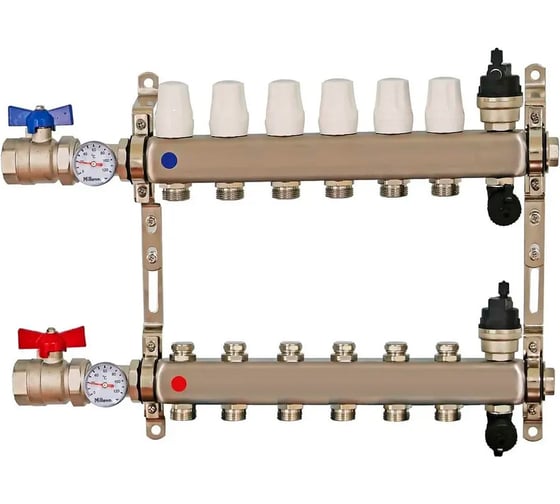 Изображение товара Коллекторная группа Millennium 1" для отопления 6-ти контурная с кранами | Нержавеющая сталь KGKT1106