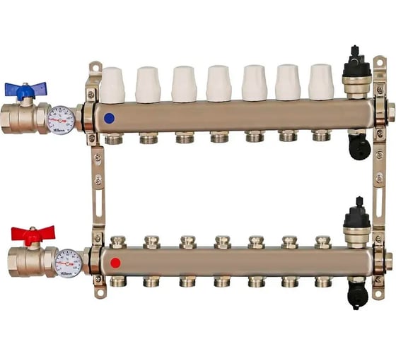 Изображение товара Коллекторная группа Millennium 1" для отопления 7-ми контурная с кранами | Нержавеющая сталь KGKT1107
