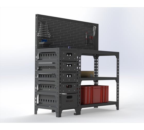 Изображение товара Стол-верстак ООО Металекс c одной тумбой 950x1400x400 мм, перфопанель с комплектом аксессуаров, серый 111828