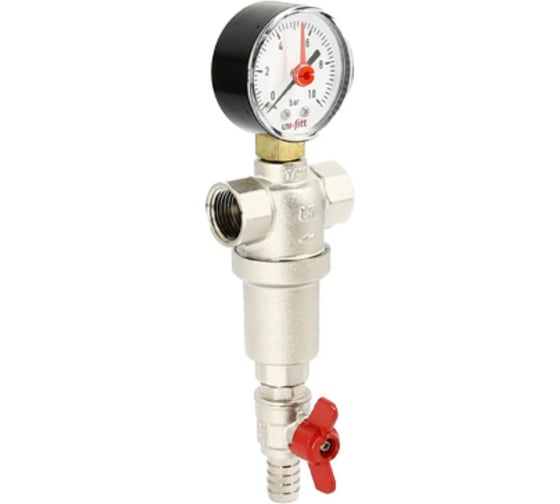 Изображение товара Фильтр промывной Uni-Fitt В 1/2 MINI со сливным шаровым краном и манометром, никелированный 214M2000