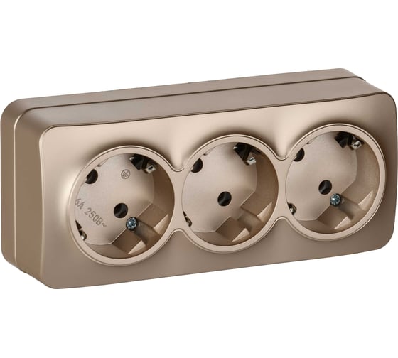 Изображение товара Розетка 3-я IEK GLORY с заземляющим контактом, без защитных шторок, открытой установки, 16А, РС23-3-ХШм, шампань матовый ERH31-K37M-16