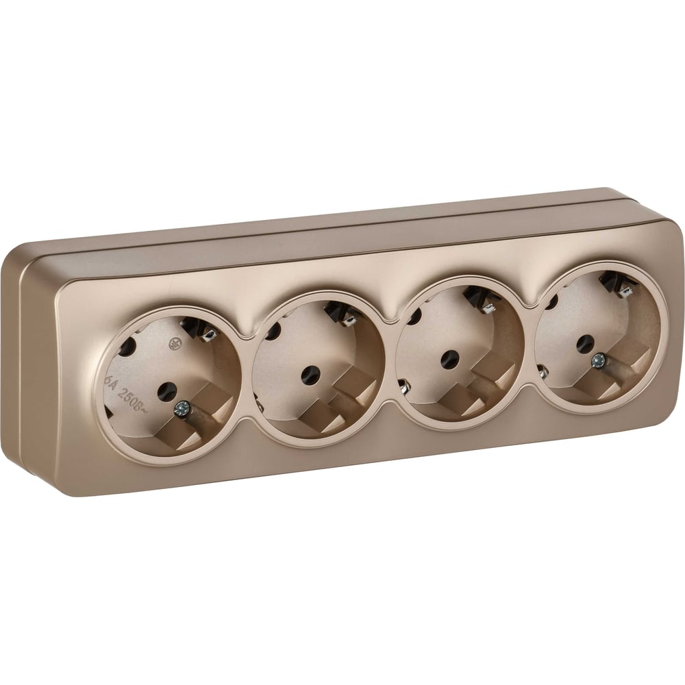 Изображение товара Розетка 4-я IEK GLORY с заземляющим контактом, без защитных шторок, открытой установки, 16А, РС24-3-ХШм, шампань матовый ERH41-K37M-16