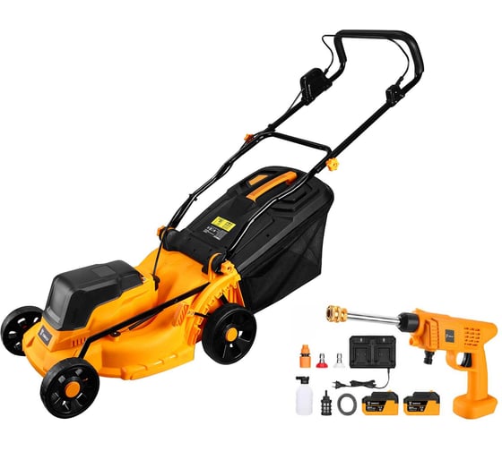 Изображение товара Газонокосилка аккумуляторная бесщеточная DEKO DKLM40V, 2x20 В, 2x5.0Aч, 370мм + мойка аккумуляторная DKCW25 085-2025