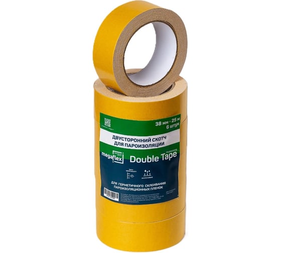 Изображение товара Двусторонний скотч для пароизоляции Megaflex Double Tape «Выгодная упаковка» 6 шт. х 38 мм х 25 м MEGDO.38.150