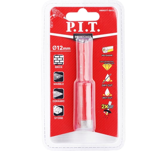 Изображение товара Коронка алмазная по керамограниту P.I.T. (12 мм, HEX, сухое сверление, вакуумная пайка) AMAS17-0012