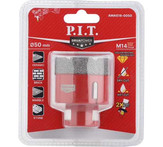 Изображение товара Коронка алмазная по керамограниту P.I.T. (50 мм, M14, сухое сверление, вакуумная пайка) AMAS18-0050