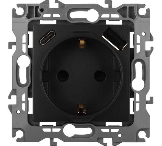 Изображение товара Розетка ЭРА Серия 12 12-4108-05 2PE 16A250В со шторками с USB typeAC 5В3А антрацит Б0067707