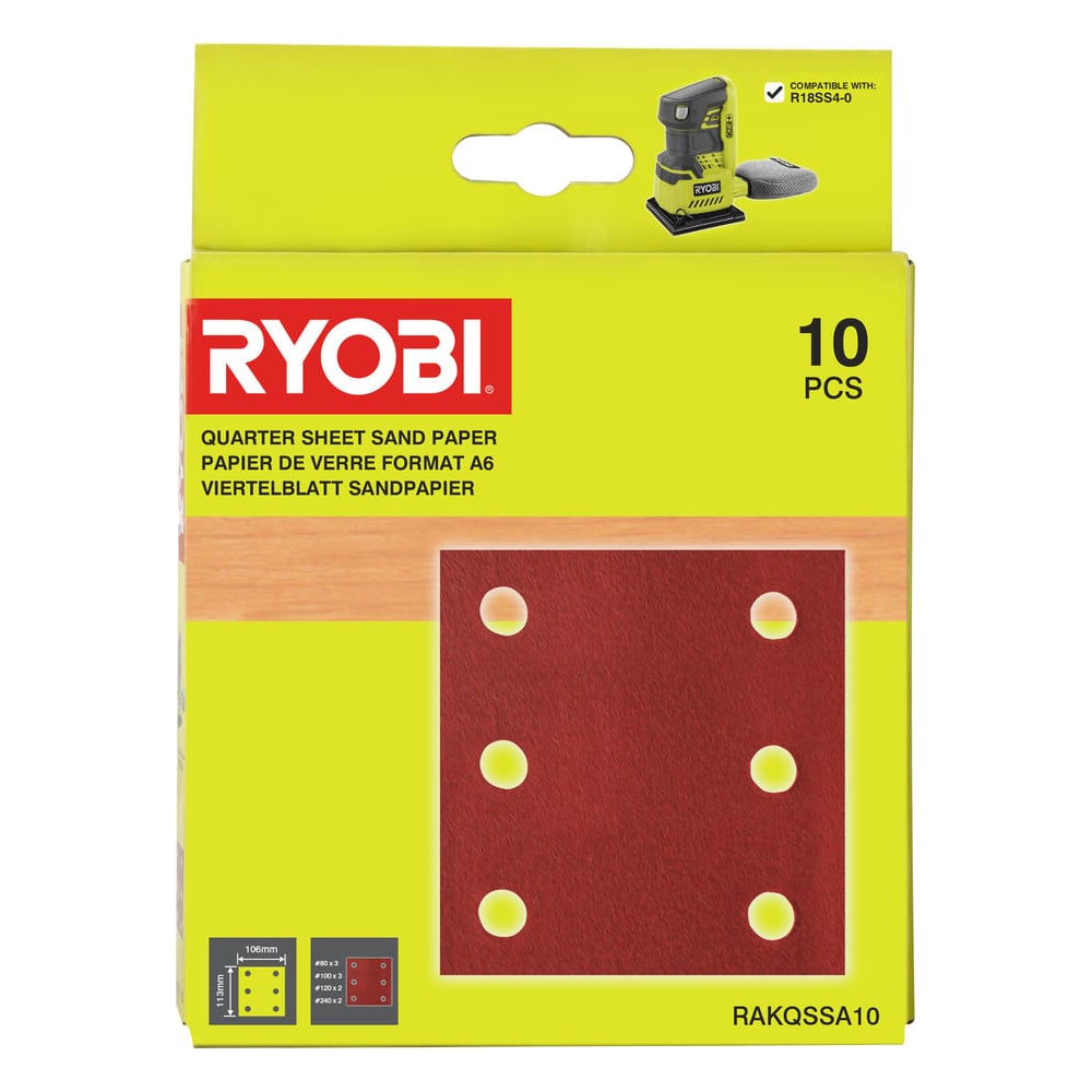 Изображение товара Набор шлифлистов Ryobi RAKQSSA10 106x113 мм 80,100,120,240 зернистость 10 шт