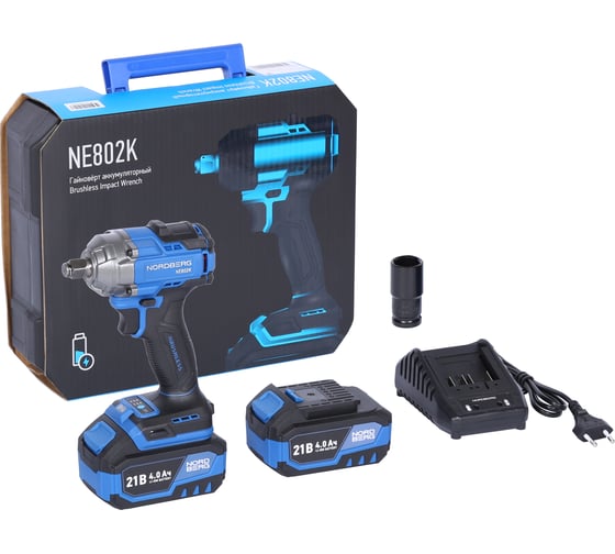 Изображение товара Гайковерт аккумуляторный NORDBERG 1/2, 21В, 500 Нм с двумя 4A аккум. и зар. уст-вом, в кейсе NE802K