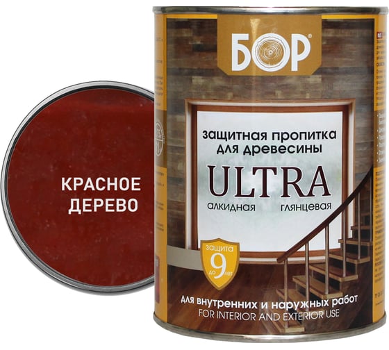 Изображение товара Защитная пропитка для дерева Бор Ultra для наружных работ, красное дерево 0,75 кг 4690417079520