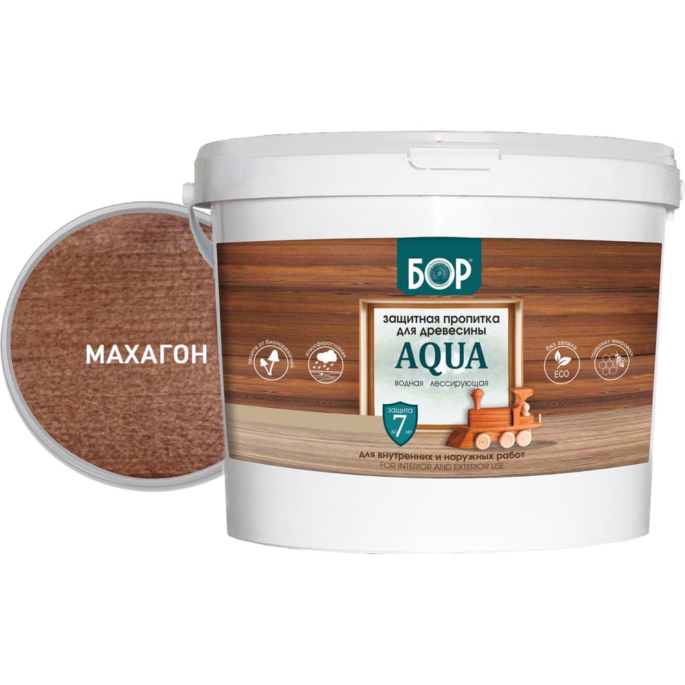 Изображение товара Защитная пропитка для дерева Бор Aqua махагон 9 кг для наружных и внутренних работ
