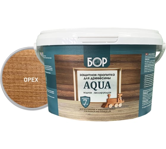 Изображение товара Защитная пропитка для дерева Бор Aqua для наружных работ, орех 2,3 кг 4690417080113