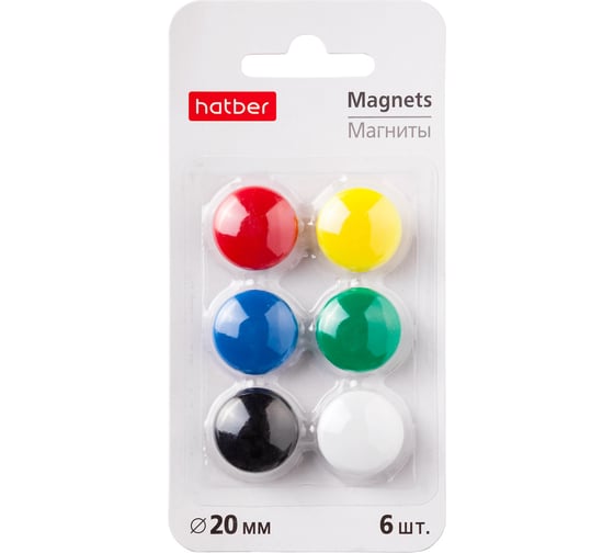 Изображение товара Магниты для магнитно-маркерных досок HATBER 2 см 6 шт цветные в блист, 24 шт. в упаковке 089458
