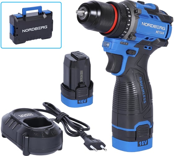 Изображение товара Шуруповерт аккумуляторный NORDBERG макс. диам. сверла 10 мм, 16 В, 60 Нм с 2 аккумуляторами и зарядным уст-вом NE104K