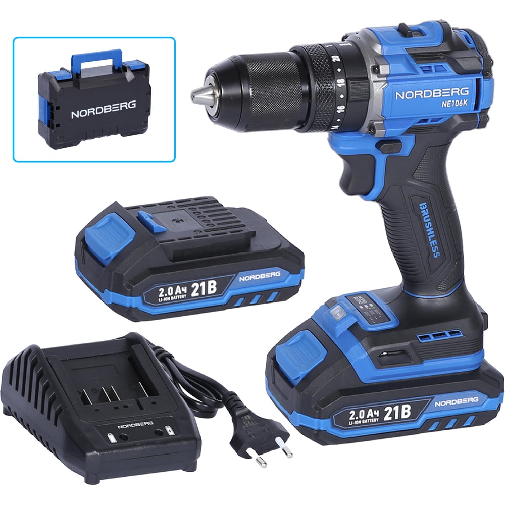 Изображение товара Аккумуляторный шуруповерт NORDBERG NE106K с 2 аккумуляторами 21 В