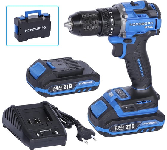 Изображение товара Шуруповерт аккумуляторный NORDBERG макс.диам. сверла 13 мм, 21 В, 70 Нм с 2 аккумуляторами и зарядным уст-вом NE106K