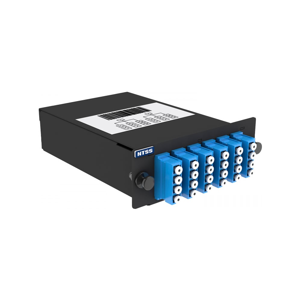 Кассета кроссовая NTSS STANDART 2 разъема MPO/АPC (male) 9/125, на 24 LC/UPС (6 QLC/UPC), полярность А, черный NTSS-C-ST-9-2x12MPO(m)/A-24xLC/U-A-BL