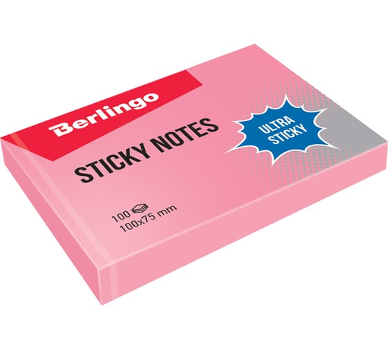 Изображение товара Самоклеящийся блок BERLINGO Ultra Sticky 100x75 мм, 100 листов, пастель, розовый LSn_39503