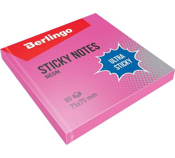 Изображение товара Самоклеящийся блок BERLINGO Ultra Sticky 75x75 мм, 80 листов, розовый неон LSn_39203