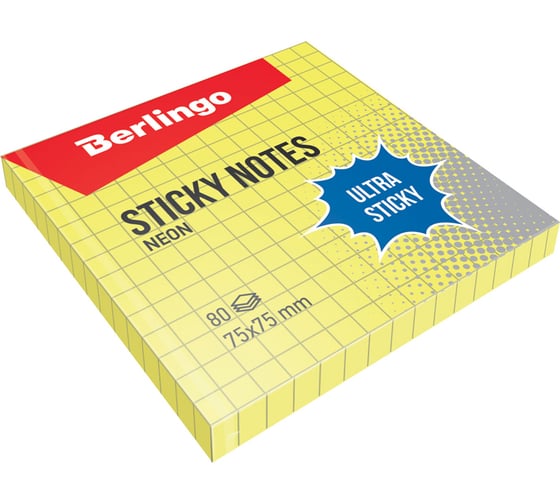 Изображение товара Самоклеящийся блок BERLINGO Ultra Sticky 75x75 мм, 80 листов, в клетку, желтый неон LSn_39700