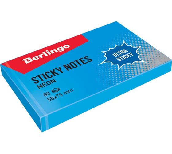 Изображение товара Самоклеящийся блок BERLINGO Ultra Sticky 50x75 мм, 80 листов, синий неон LSn_39412