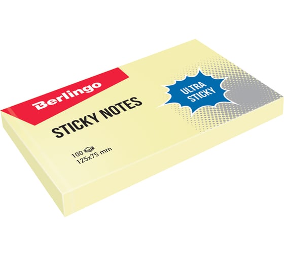 Изображение товара Самоклеящийся блок BERLINGO Ultra Sticky 125x75 мм, 100 листов, пастель, желтый LSn_39300