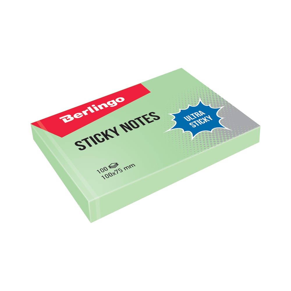 Изображение товара Самоклеящийся блок BERLINGO Ultra Sticky 100x75 мм, 100 листов, пастель, зеленый LSn_39501
